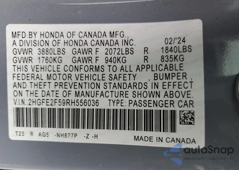 2024 Honda Civic Sport from USA, damaged, VIN 2HGFE2F59RH556036